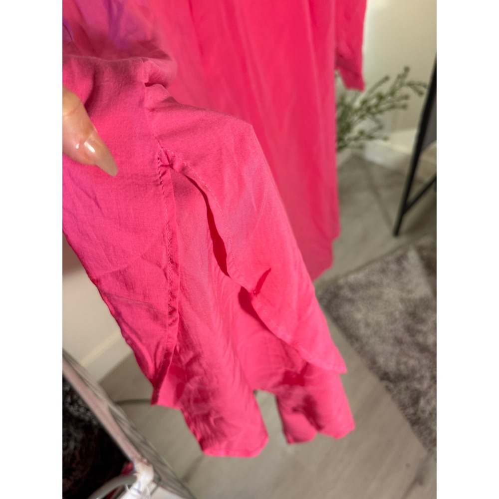 HM Hot Pink Kaftan Tunic Dress Long Sleeve V-Neck High-Low Hem Medium - Picture 7 of 8